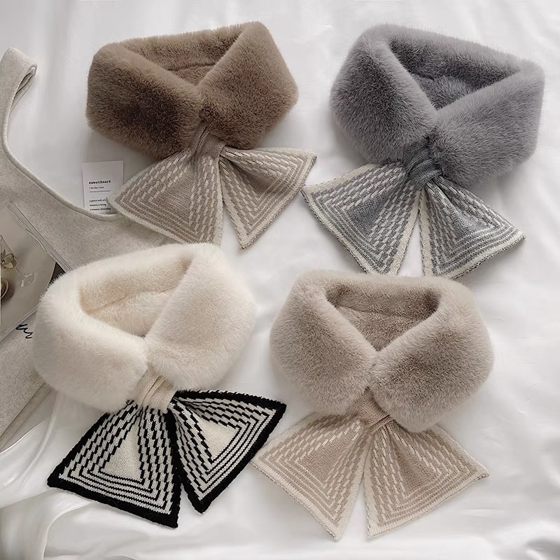 Scarf Female Autumn Winter Instagram All Korean Version Fluffy Imitation Rex Rabbit Neck Striped Thick Warm Neck Collar