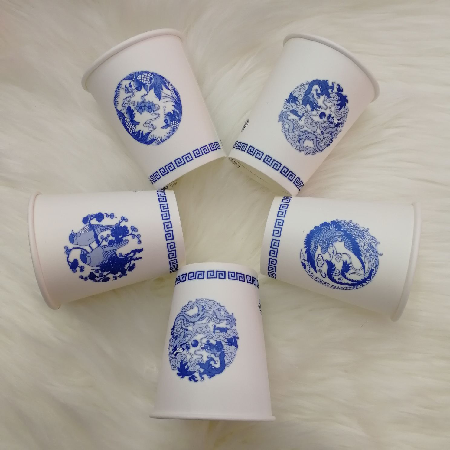Disposable Household Paper Cup Super Thick Auspicious Water Cup Blue And White Porcelain Chinese Wind Paper Cup details Picture