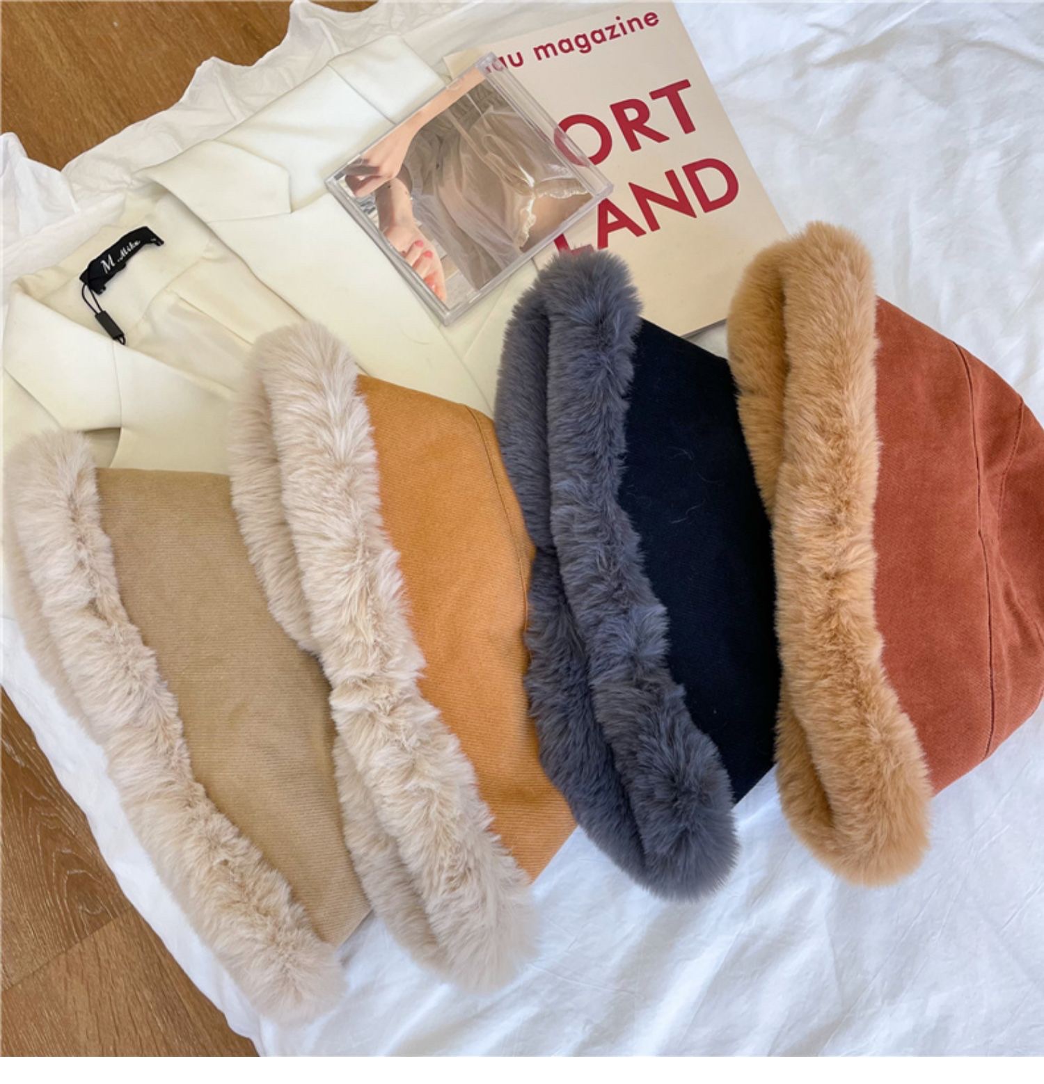 Hat Women's Autumn And Winter System All Tie Net Red Plus Cashmere Lamb Hair Fisherman Hat Casual Wide Eaves Warm Plush Basin Hat Item Picture