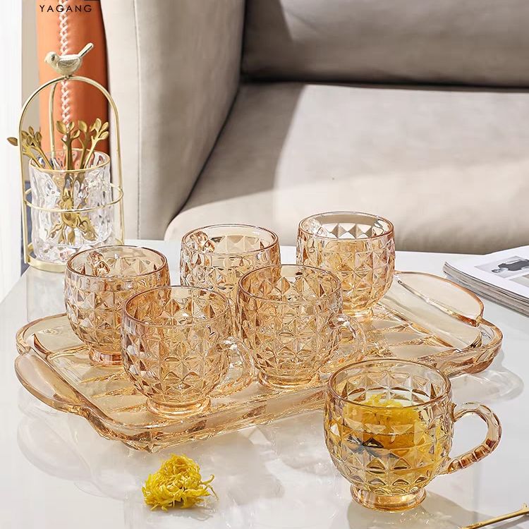 玻璃告白料杯子加茶盘套装套装YJ7401+3101-3图