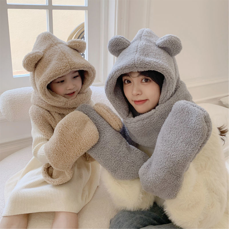 Autumn And Winter New Warm Bear Bib Gloves Hat One Plush Parent-Child Three-Piece Set Thick Scarf Woman Item Picture
