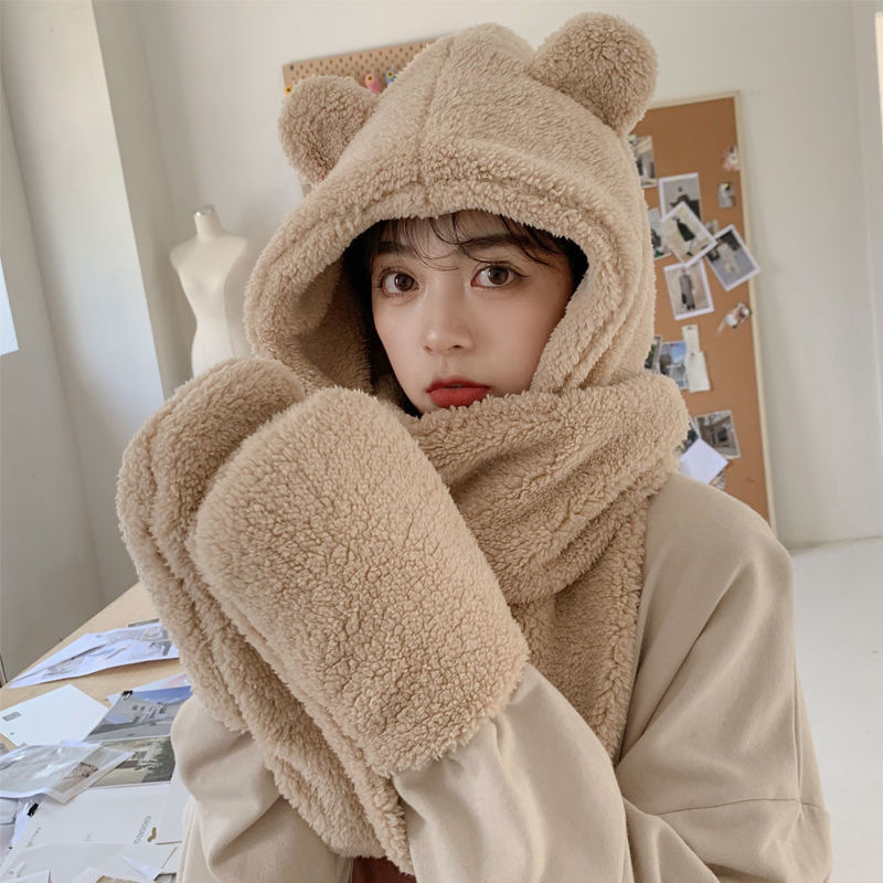 Autumn And Winter New Warm Bear Bib Gloves Hat One Plush Parent-Child Three-Piece Set Thick Scarf Woman Application Scenario