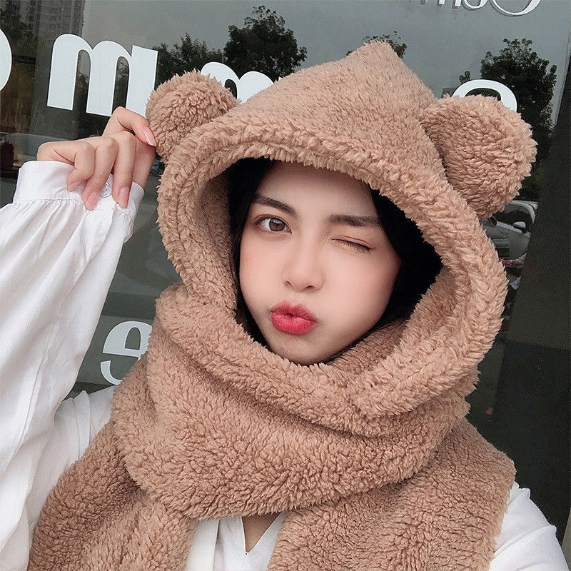 Autumn And Winter New Warm Bear Bib Gloves Hat One Plush Parent-Child Three-Piece Set Thick Scarf Woman details Picture