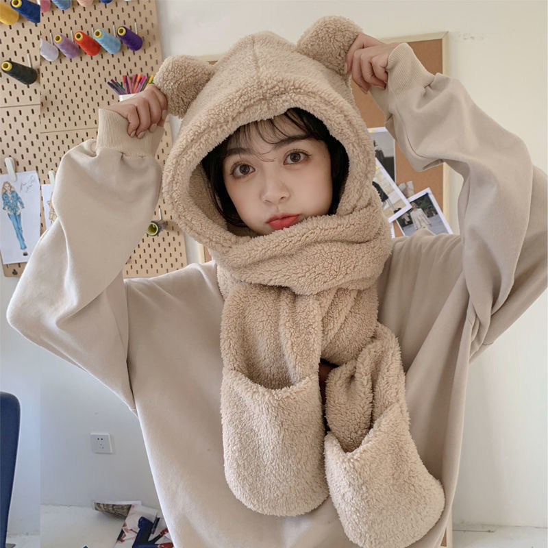 Autumn And Winter New Warm Bear Bib Gloves Hat One Plush Parent-Child Three-Piece Set Thick Scarf Woman