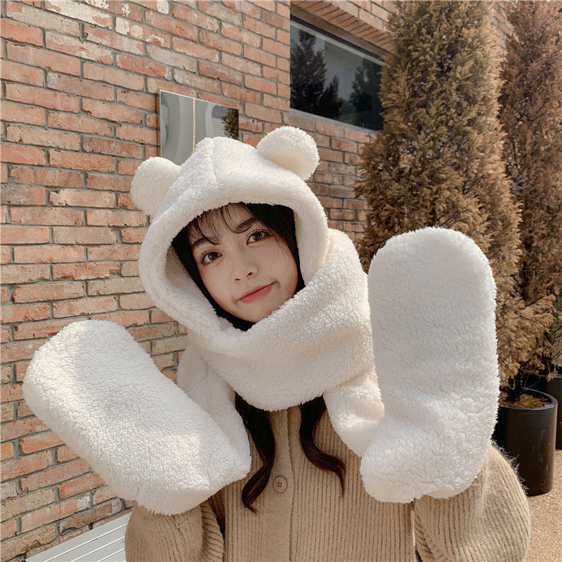 Autumn And Winter New Warm Bear Bib Gloves Hat One Plush Parent-Child Three-Piece Set Thick Scarf Woman Specification drawing