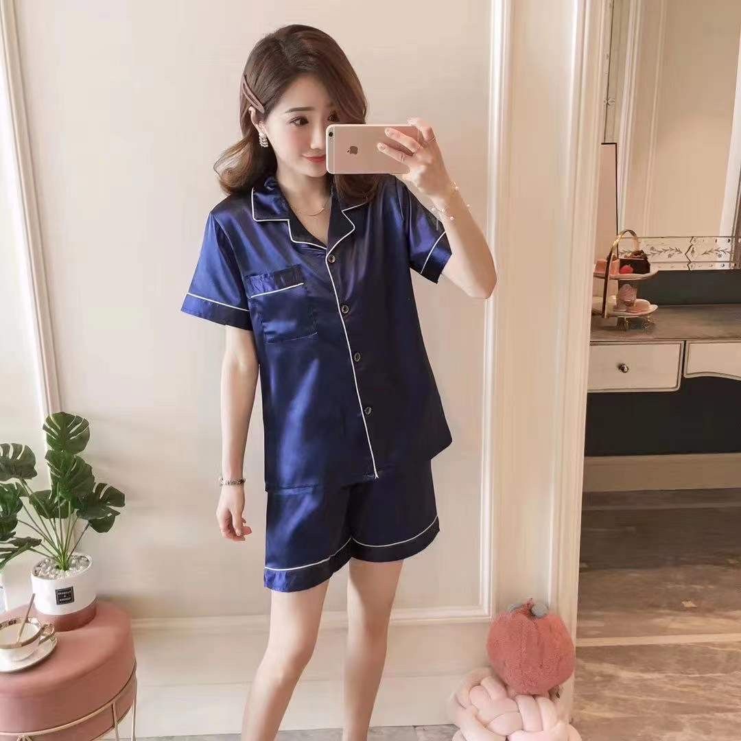 Pajamas women's summer imitation silk pure color thin section