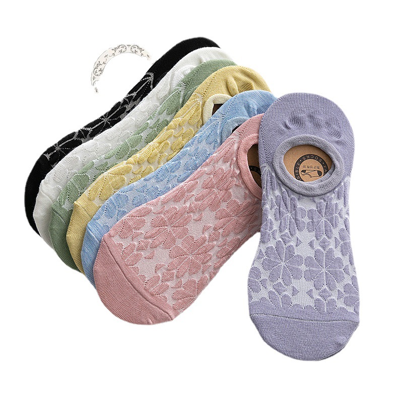 Hollow Socks Female Spring Summer Invisible Boat Socks Breathable Mesh Four Leaf Flower Socks Silicone Anti-Removal Female Socks Ins Tide Socks
