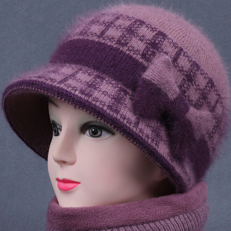 Winter middle-aged and elderly two-color bow-tied rabbit hair hat with stiff brim thumbnail