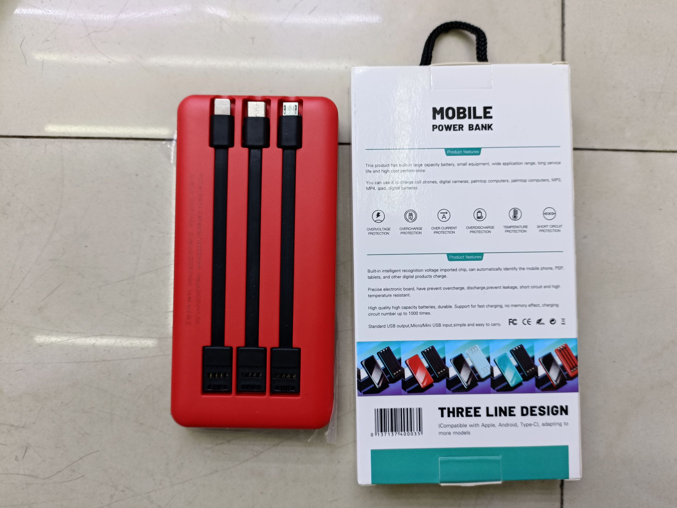 Digital display thin mirror charger 10000 MA detachable cable three wire with light mobile power supply details Picture