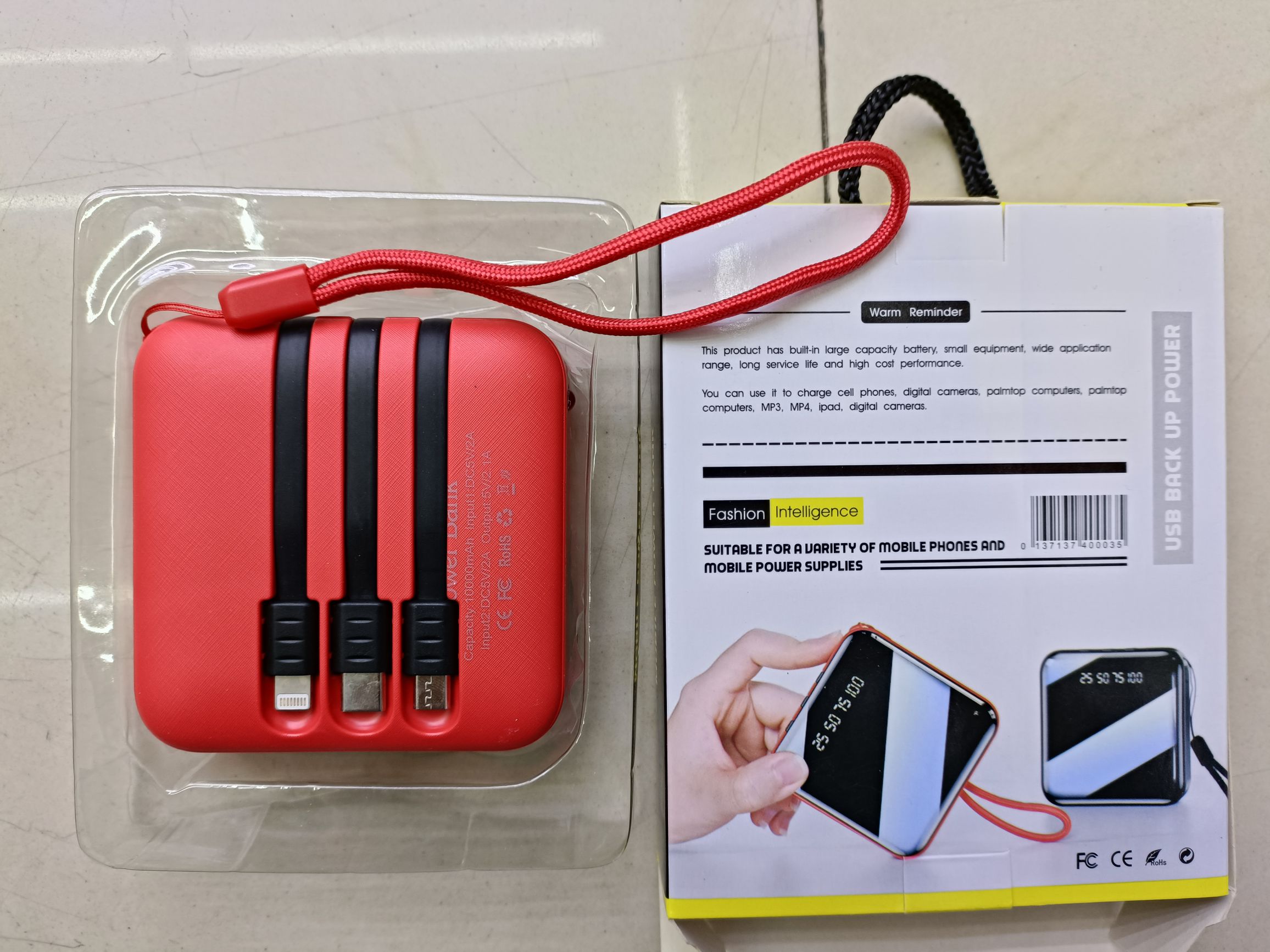 Digital display mirror square lanyard three wire with light 10000 mah charging bank mobile power supply details Picture