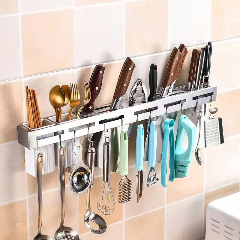 Kitchen stainless steel knife rest wall-mounted hole-free knife rest chopsticks barrel hook rack Kitchen shelf 30cm black details Picture