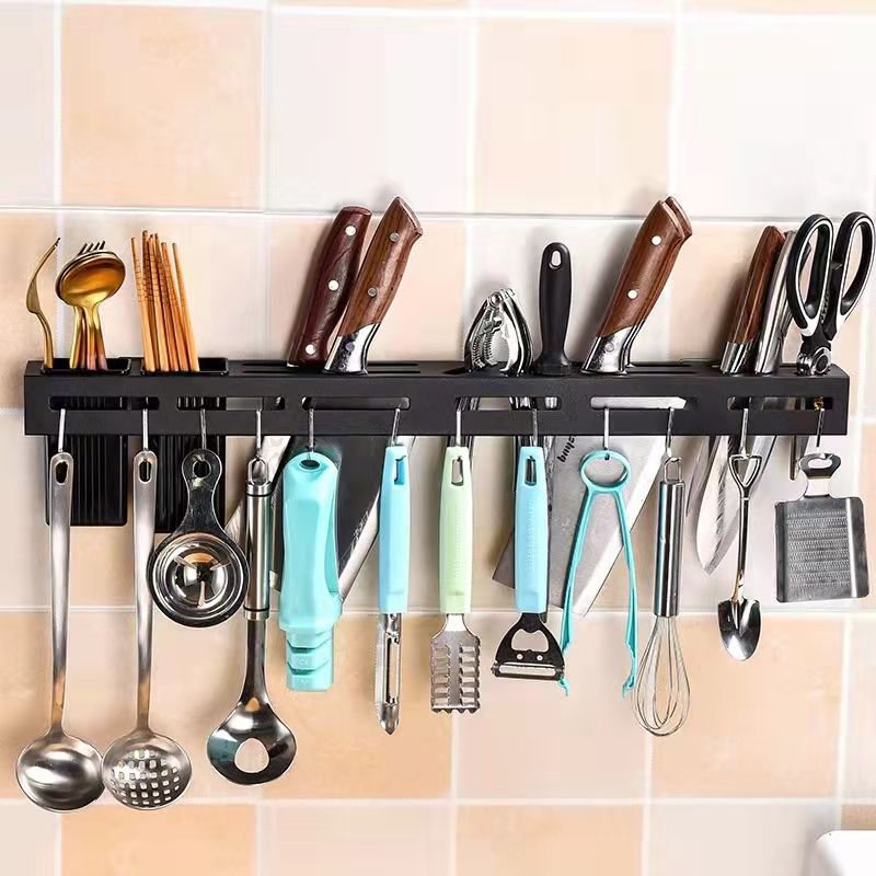 Kitchen stainless steel knife rest wall-mounted hole-free knife rest chopsticks barrel hook rack Kitchen shelf 30cm black full figure