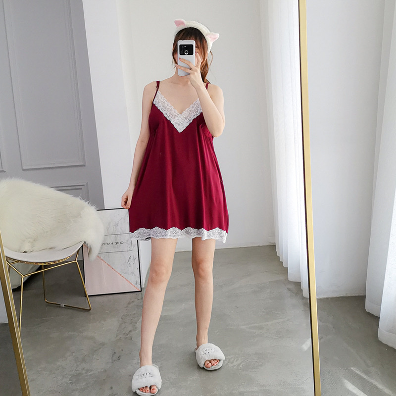 Pajamas Lady Modal big V-neck lace nightdress summer sexy plus-size medium length suspenders pregnant fat MM home dress