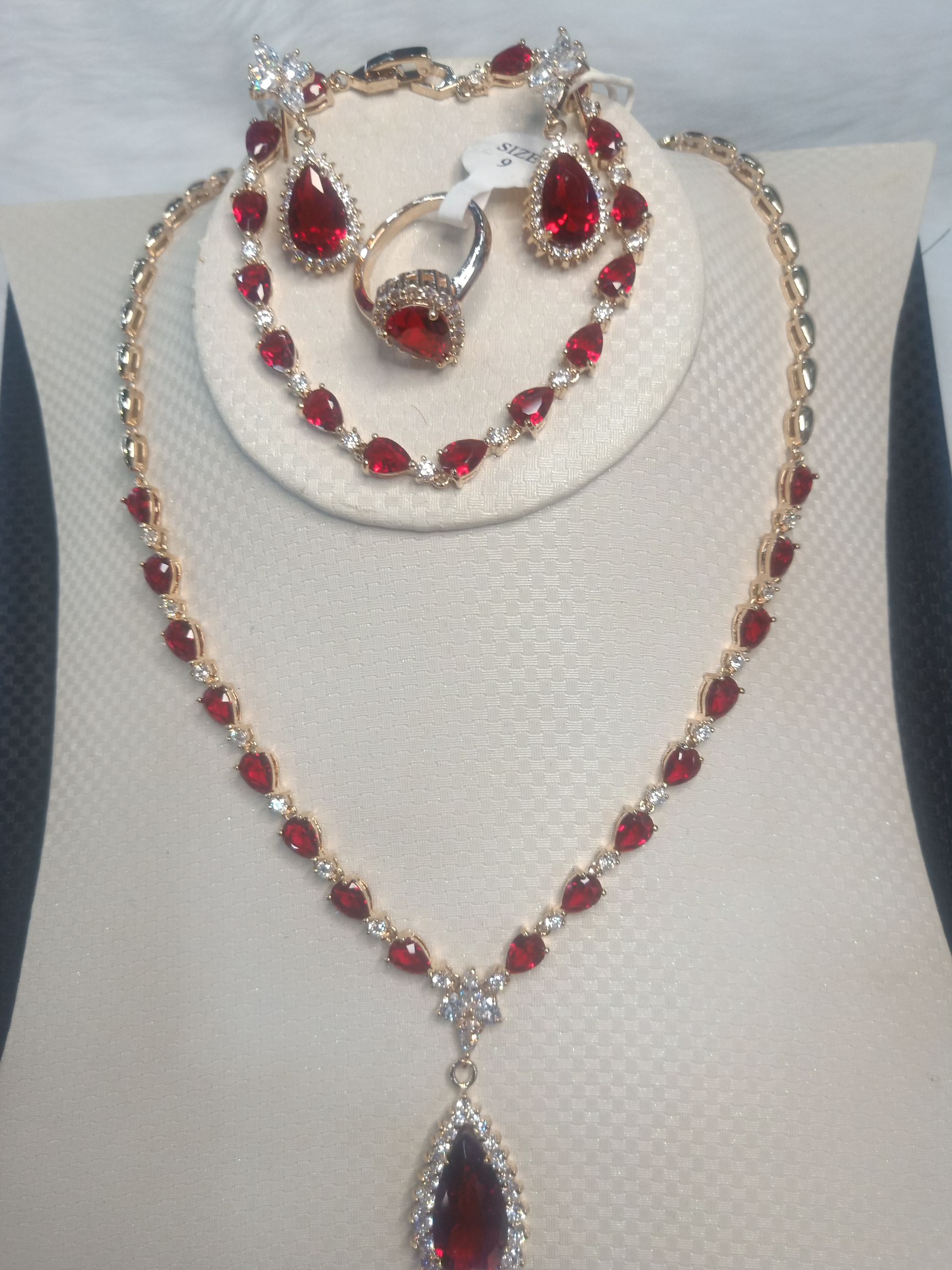 Rose Gold Red Swarovski Diamond Set Necklace, Bracelet, Stud Earrings, Ring 4-Piece Set