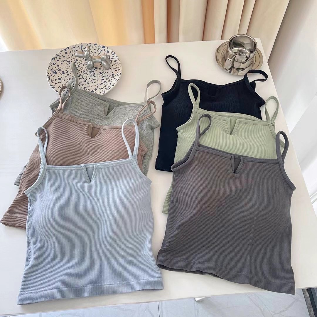 Instagram spice girl wind short style small sling female 2022 students new small V collar crop navel show thin pure color inside the back heart tide Item Picture