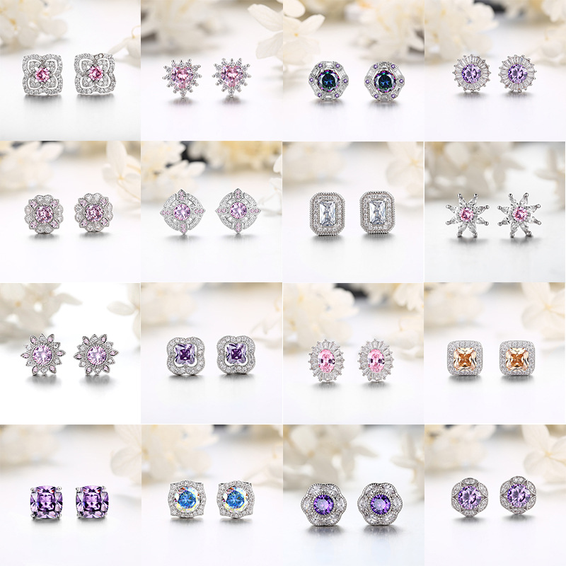 s925 Silver Earrings vintage jewelry niche design sense inset color zircon vintage earrings