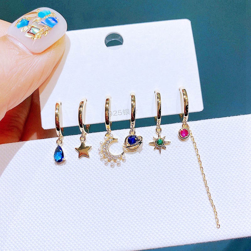 High quality cross-border European and American earrings set design sense niche color gems stars Moon small ear buckle ear