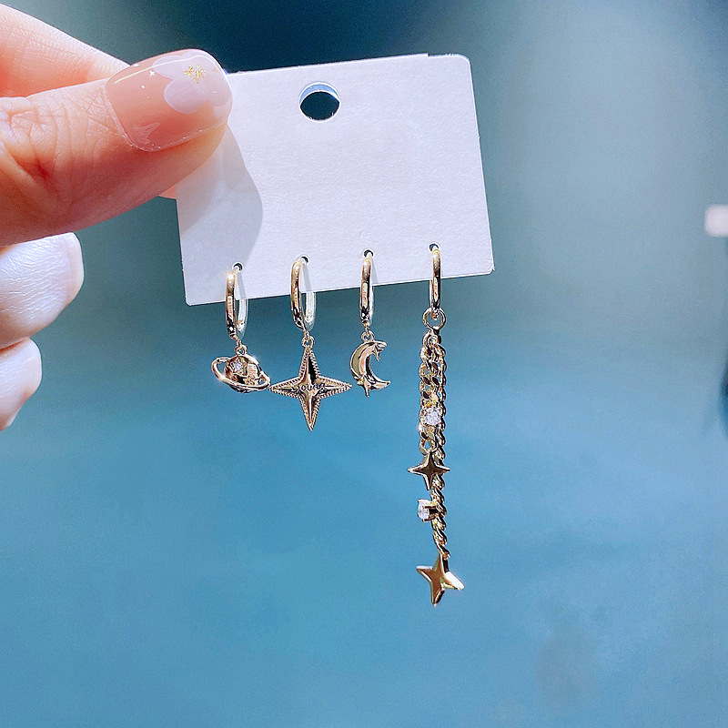 High-grade cold wind fashion earrings set niche design inset zircon starry moon metal ear buckle ear ring