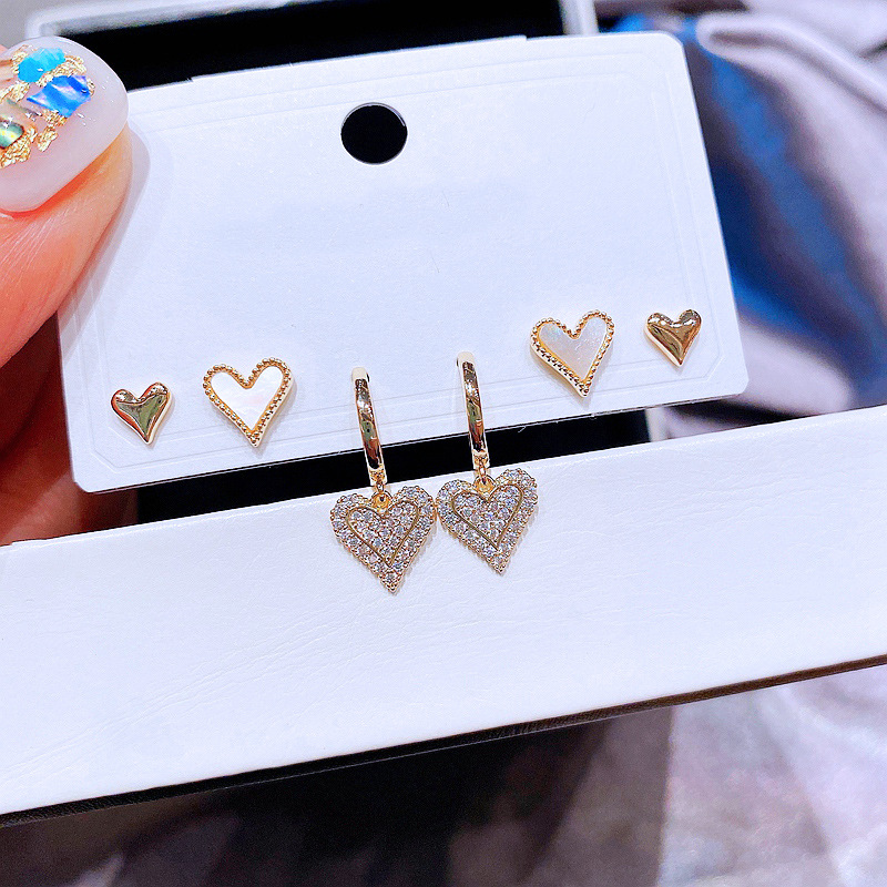 High-grade Korean earrings set for women exquisite sweet shell zircon love earrings stud ear buckle three sets