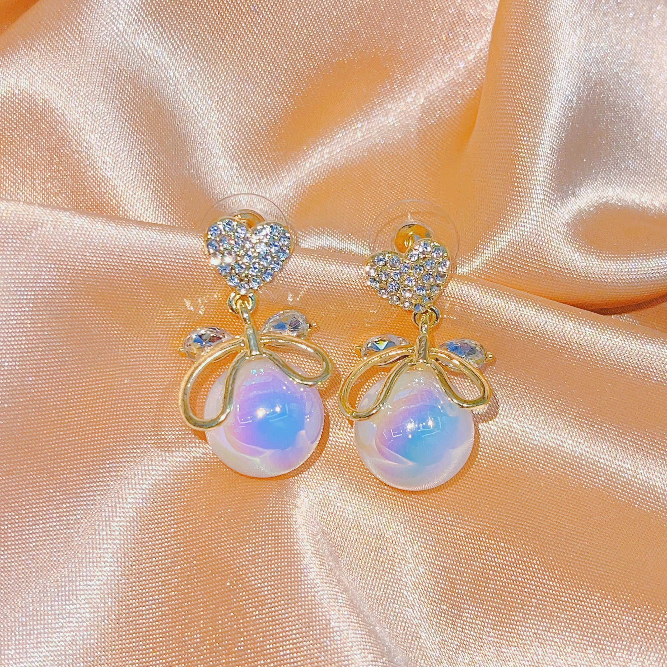 Korean fashion all-in-one micro-inlaid zircon peach heart bow mermaid pearl stud earrings feminine elegance earrings surbrow