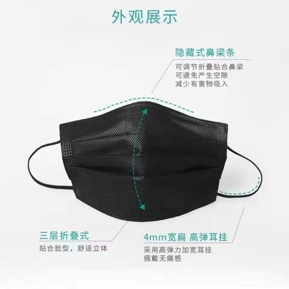 黑色平面口罩一次性日常防护熔喷布三层男女成人【外贸专供】民用详情5