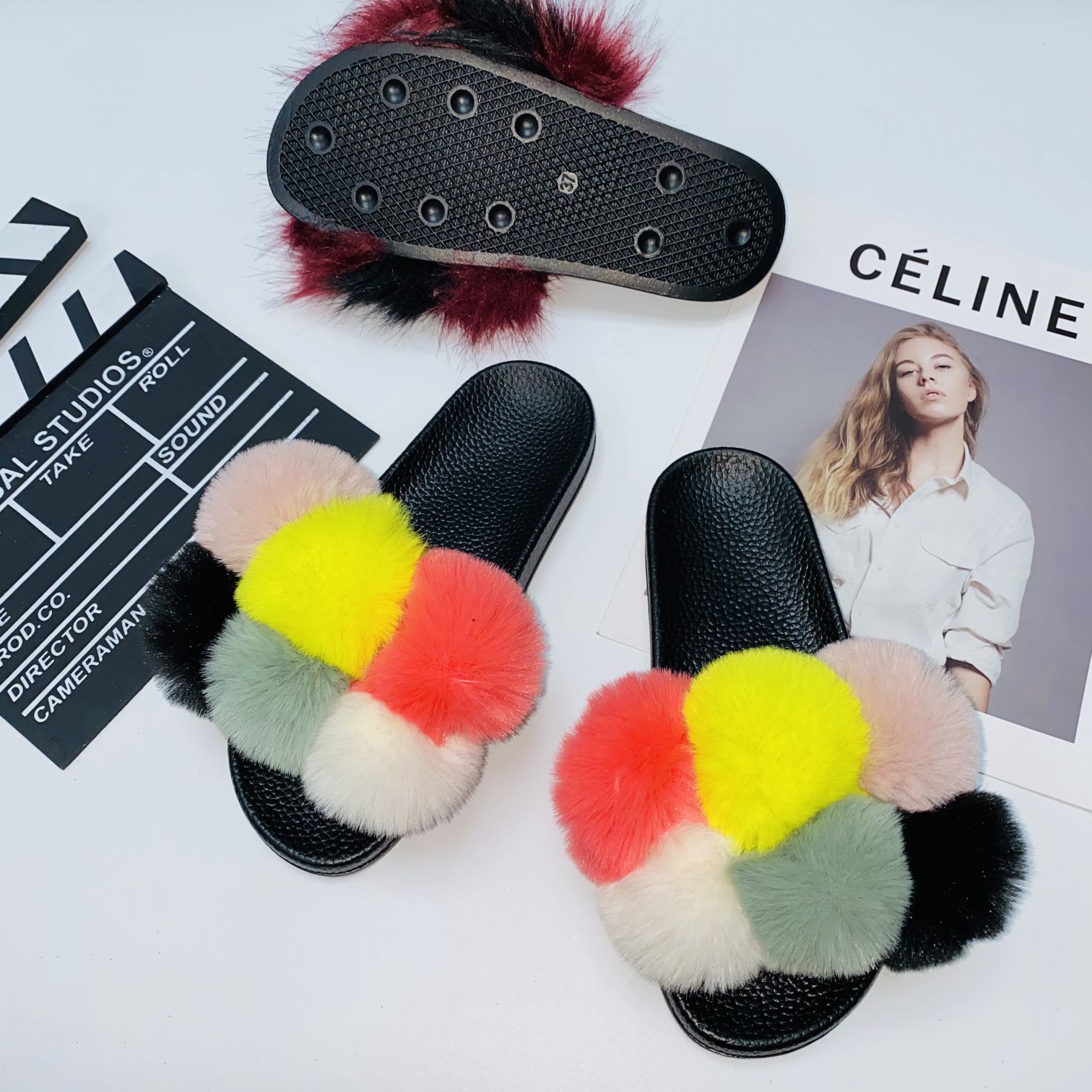 Fluffy slippers women wear summer fox hair slippers flat lazy fur slippers four seasons flip-flops