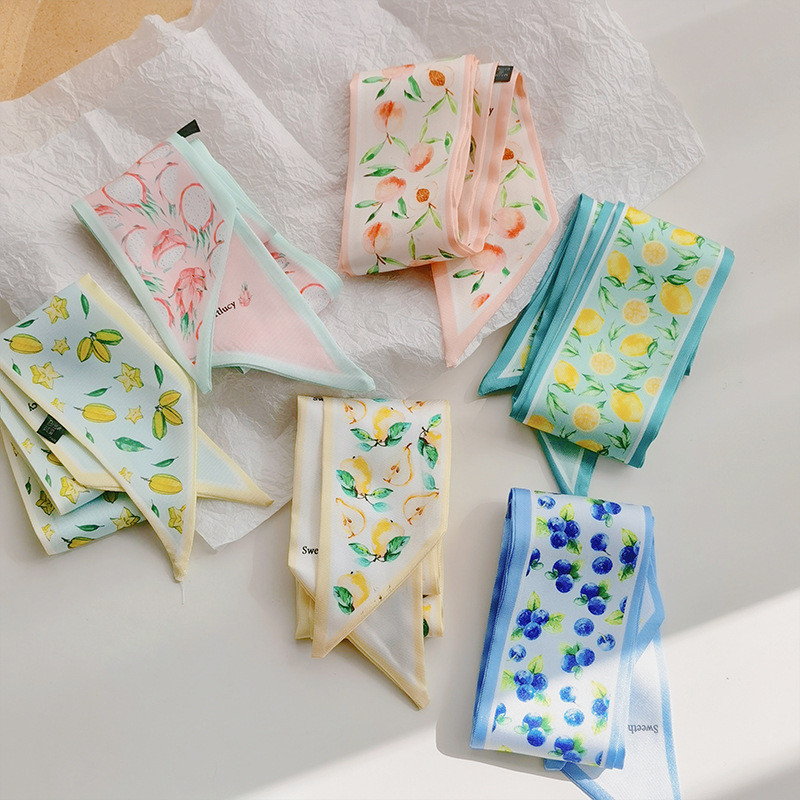 Vitality Girls Fruit Series Silk Scarf Headband Net Red Spring And Summer New Ribbon Tie Hair Rope details Picture