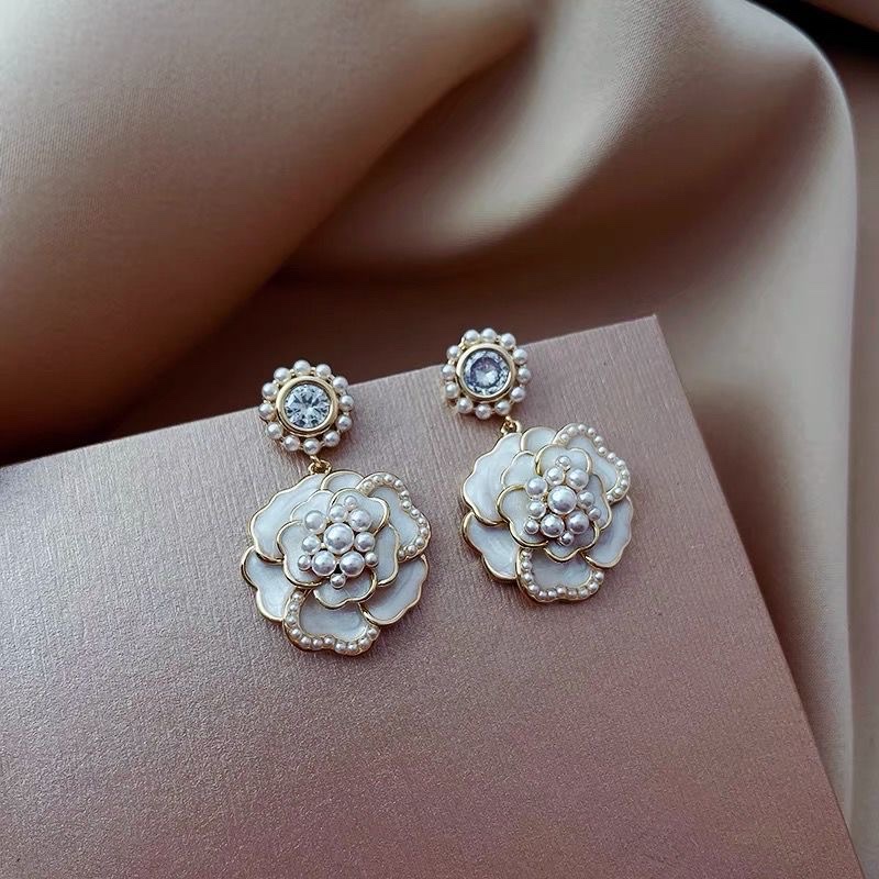 S925 Silver Needle for pure Pearl Camellia Earrings Quality Premium Atmospheric earrings Summer studs French earrings