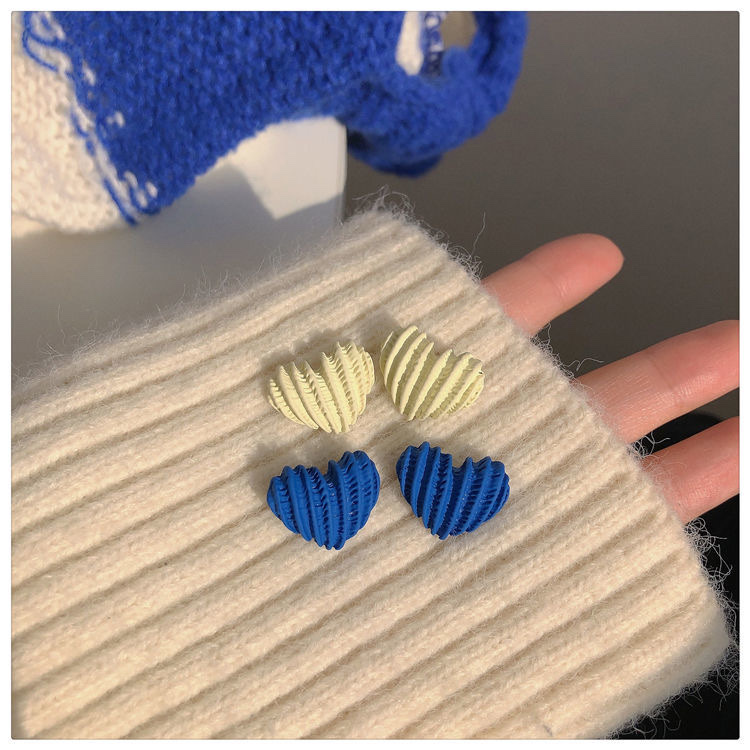 Klein Blue + White Heart Stud ~ Striped niche design Love earrings for women stereo Everything earrings