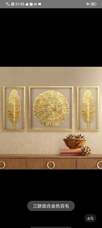 Fine Feather Living Room Hanging Painting Personality Creative Gold Feather Oil Painting Living Room Sofa Background Wall Decorative Painting Model Room Triptych Physical Hanging Painting