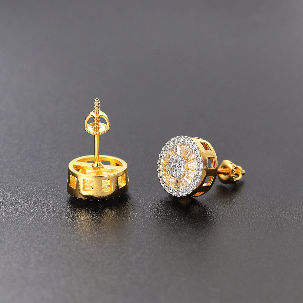 Cross border new round full diamond hip hop earrings for men and women zircon micro-threaded earrings gold-plated street hipster earrings