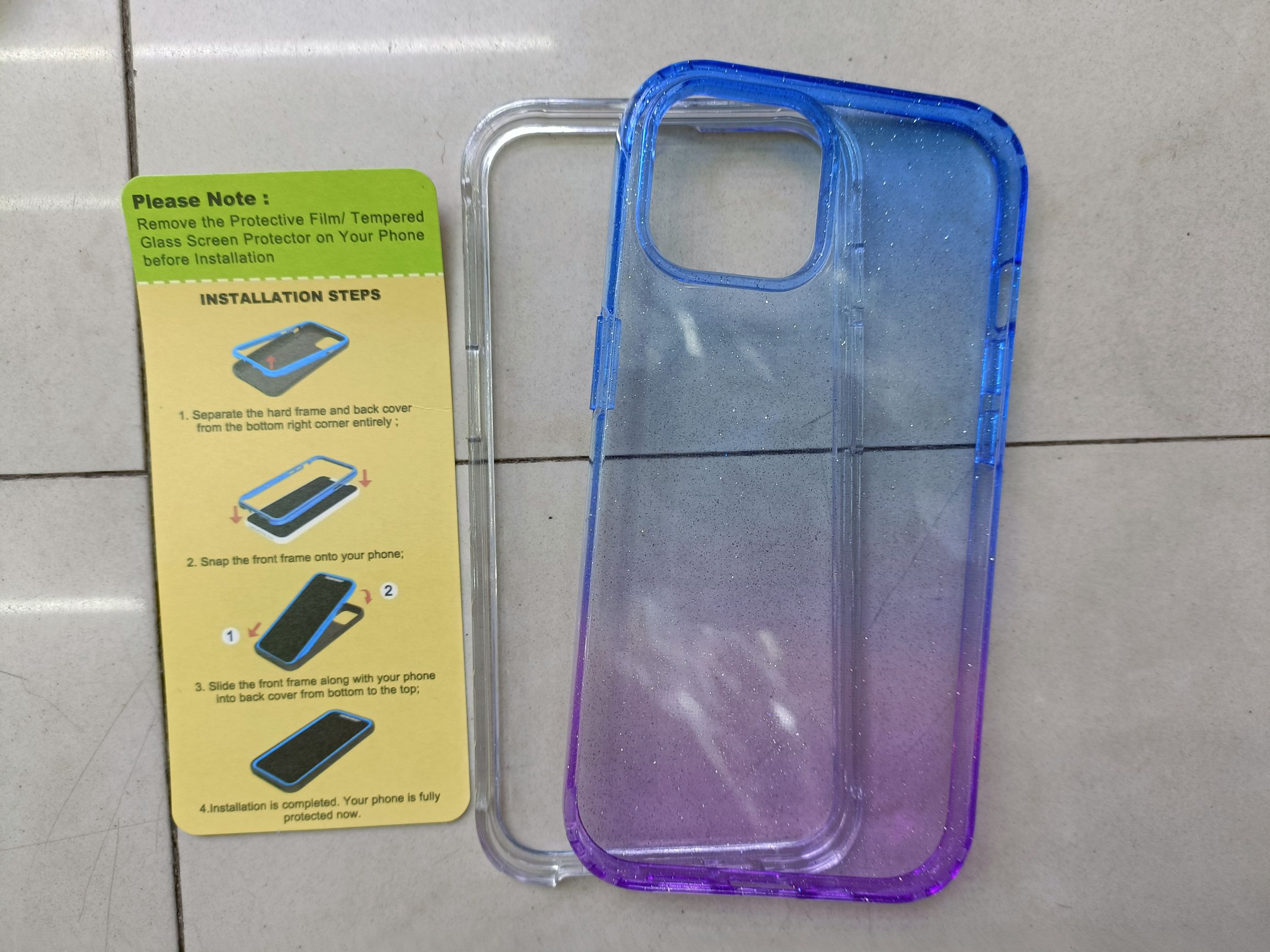 High transparent flash powder two-color gradient open 2-in-1 shell phone case