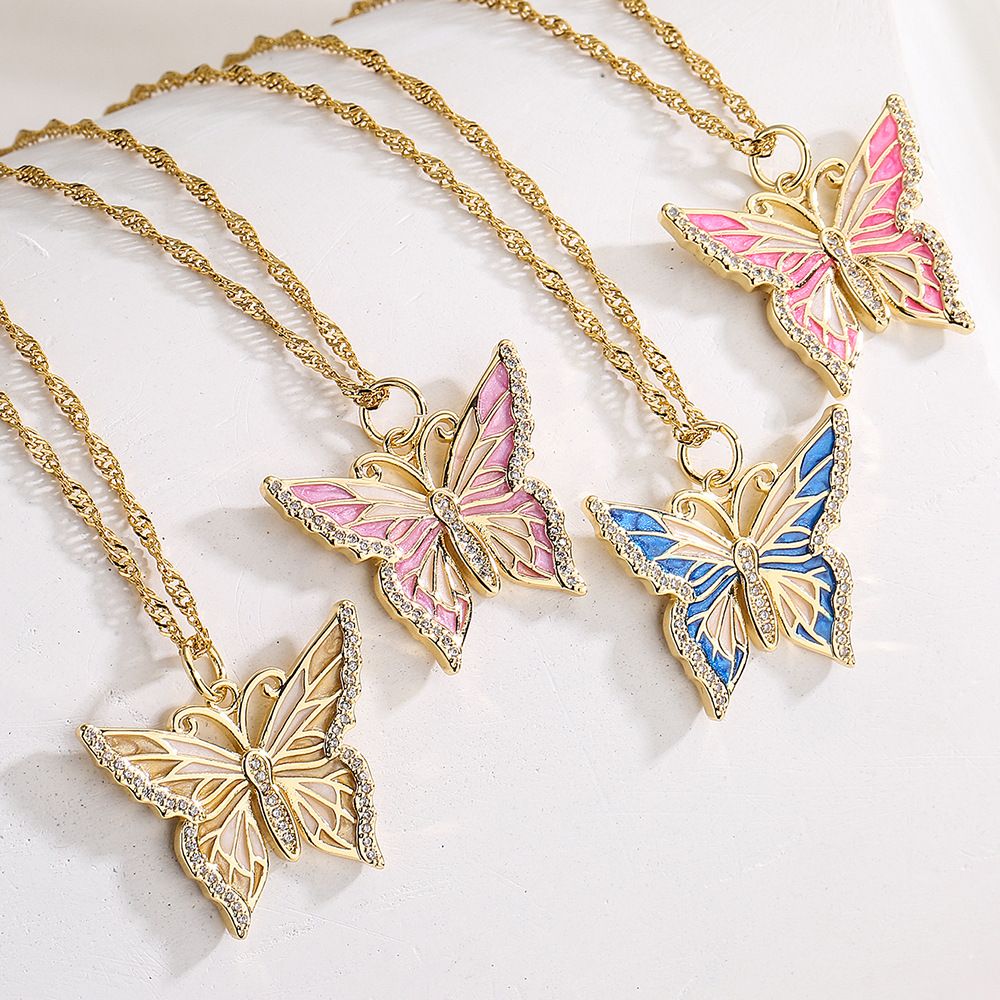 Copper plated 18K gold dripping zircon butterfly pendant necklace female INS light luxury senior necklaces cross-border explosive products