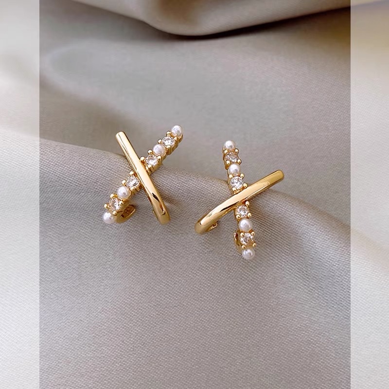 Micro-set pearl stones X Cross stud earrings Delicate geometric art small fashion earrings accessories