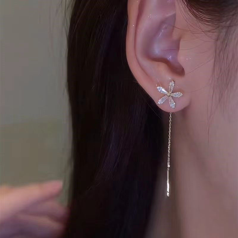925 sterling silver needle zircon flower tassel ear line femininity high-grade sense of light luxury simple delicate ear piercing earrings thumbnail