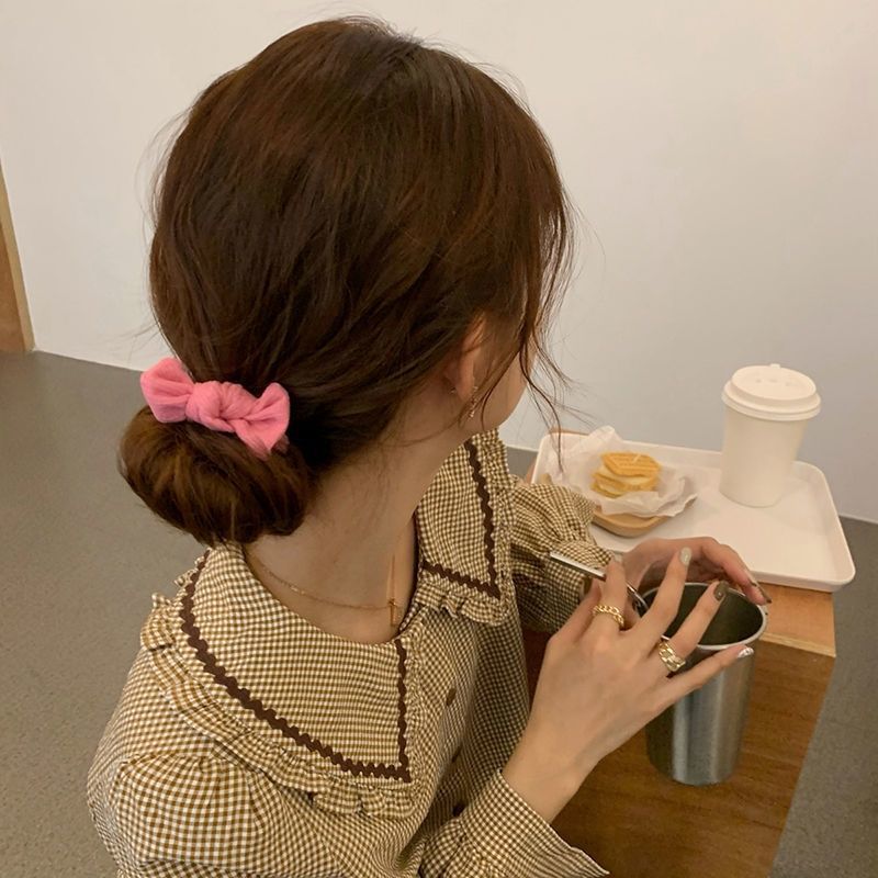 Cute Candy-Colored Bow Pleated Hair Tie Women's Japanese Tie Hair Ponytail Headtie Net Red Everything With Foreign Style Scrumps Application Scenario