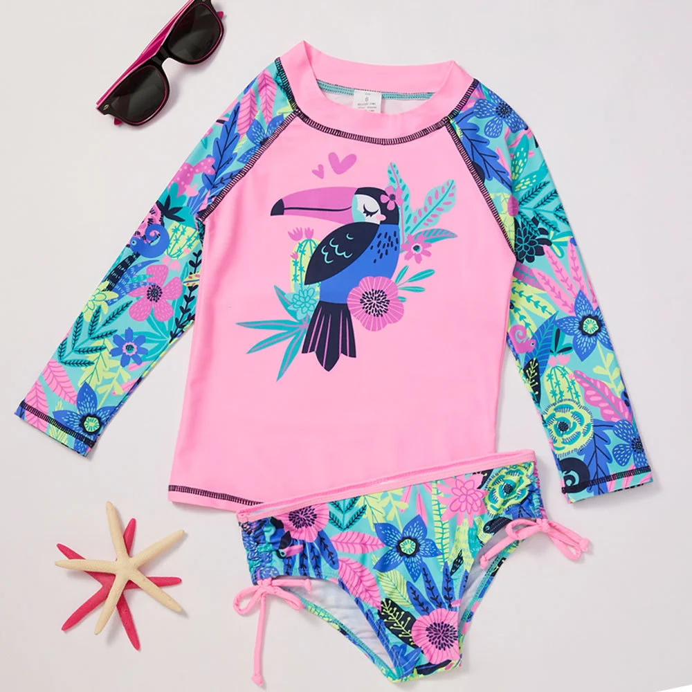HAOLOUFEI Girls Split Swimsuit Split Long Sleeve Children's Swimwear Multicolor Printing