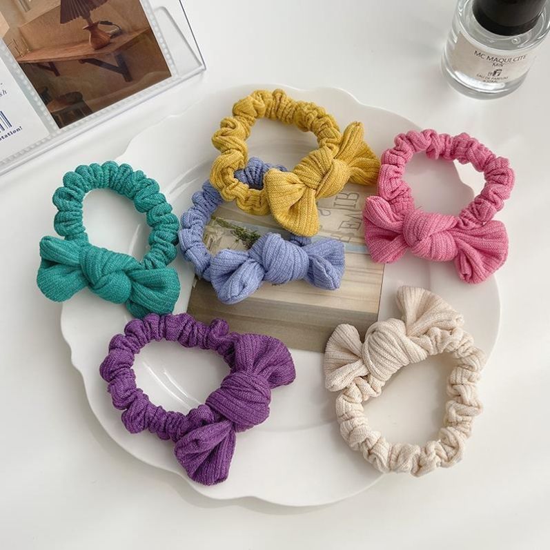 Cute Candy-Colored Bow Pleated Hair Tie Women's Japanese Tie Hair Ponytail Headtie Net Red Everything With Foreign Style Scrumps details Picture