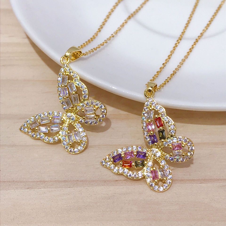 Europe and the United States cross-border supply of niche personality hip hop fashion jewelry design color zirconia butterfly necklace pendant female