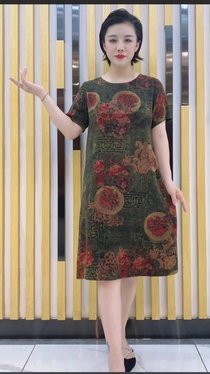 Imitation silk dress short sleeve dark flower
