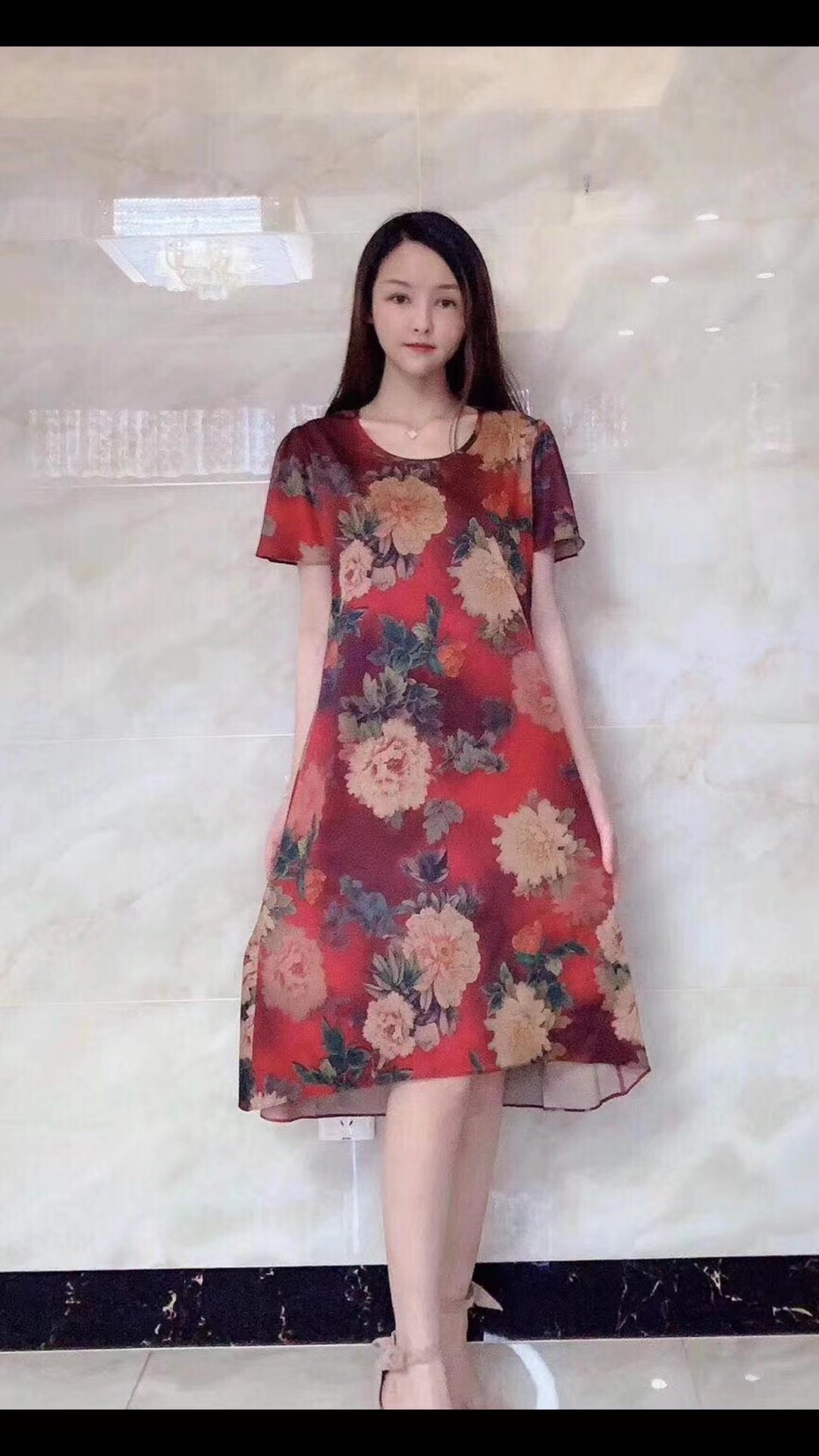 Imitation silk dress short sleeve red peony