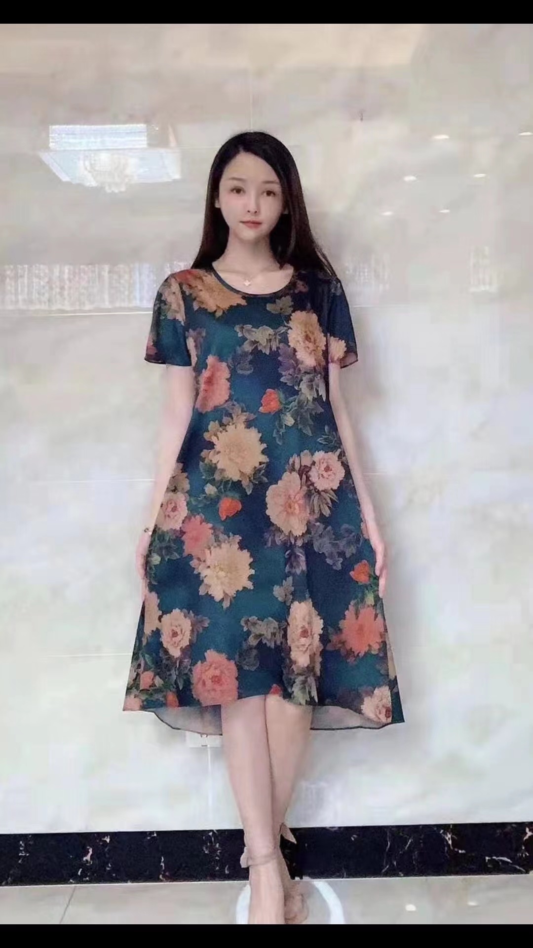 Imitation silk dress short sleeve elegant elegant noble temperament fashion trend casual