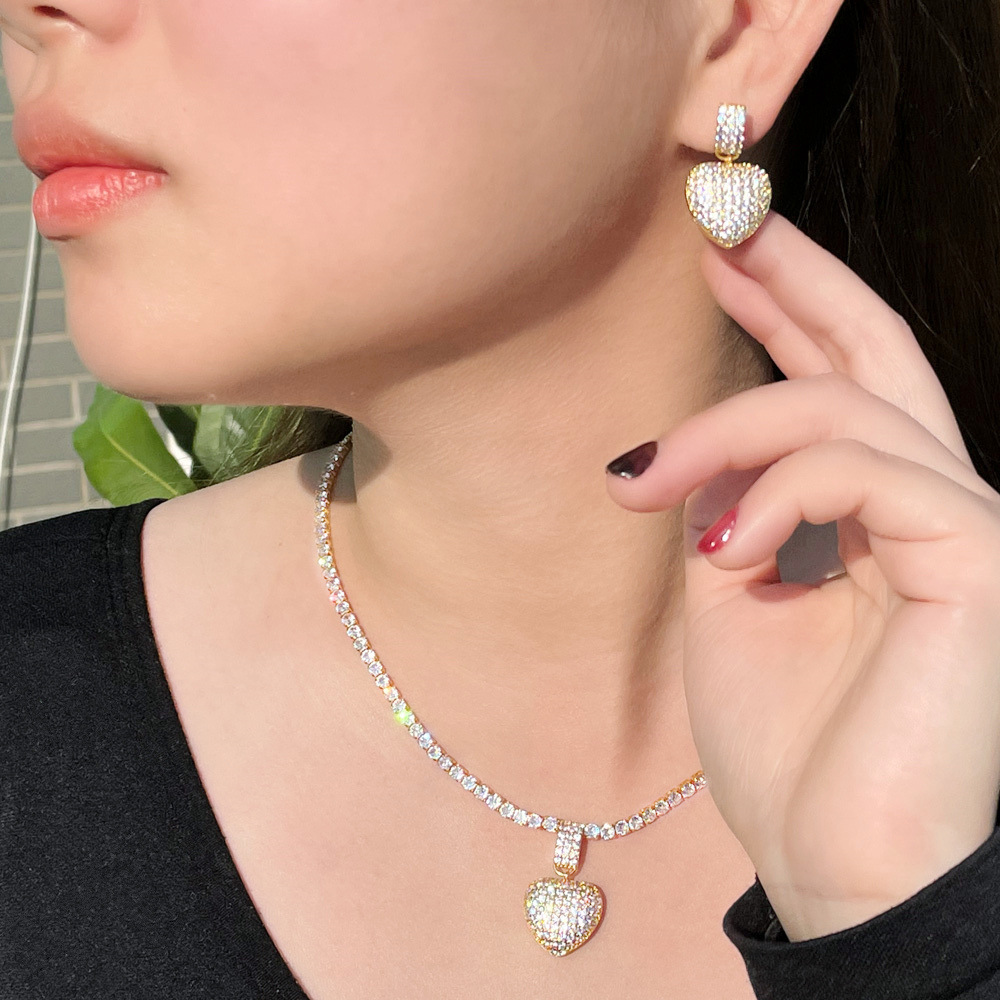 Popular love heart micro-inset zircon full diamond earrings necklace two sets of wedding bride heart set chain