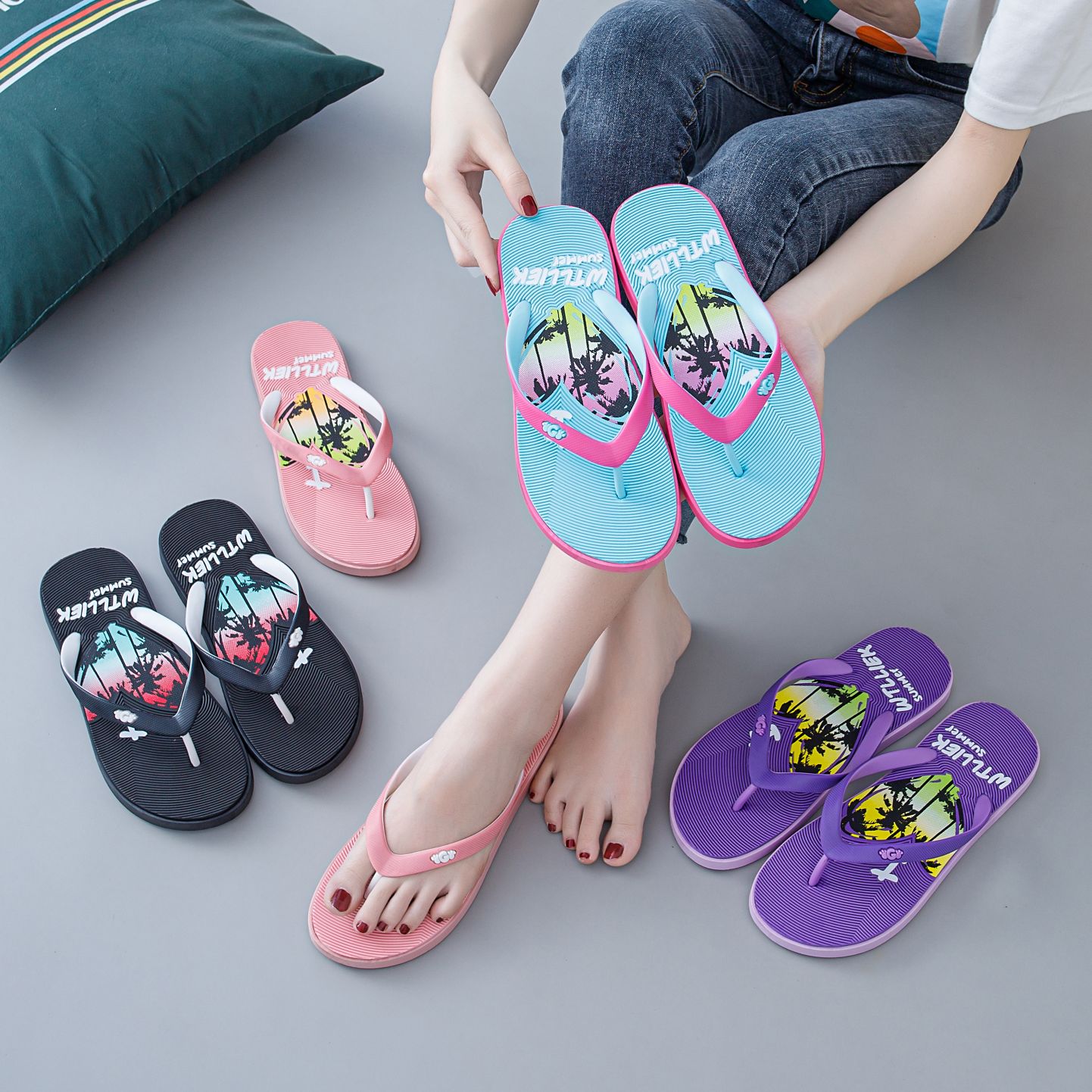 New non-slip flip-flops flip-flops summer sandals gray flat heels wear casual women's shoes slippers
