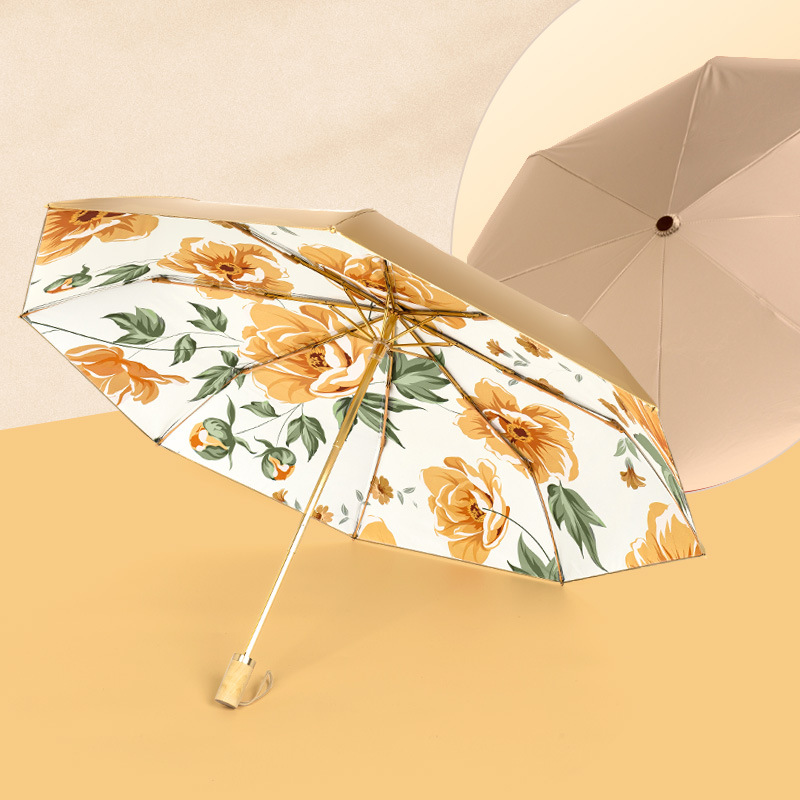 Triple Fold Double Layer Titanium Gold Shade Cooling Retro Umbrella