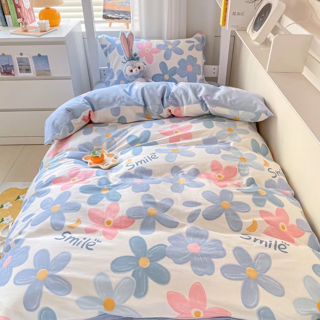 New All-Cotton Student 3-Piece Bed Set Bed Sheet Set Pillowcase Dormitory Bed Flowers details Picture