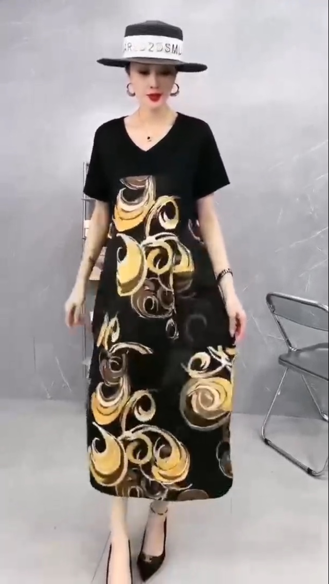 Fashion hot dress Quality women's loose dress short sleeve black with large flowers