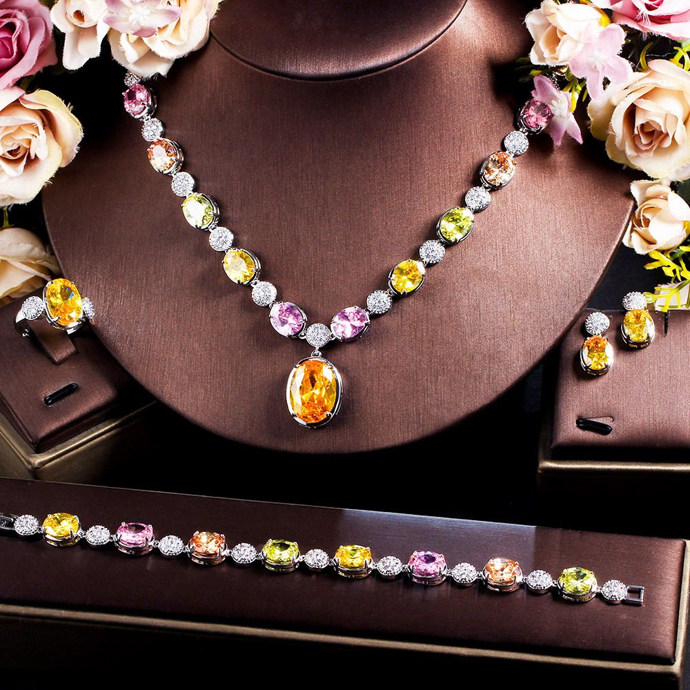 European and American simple banquet dress matching chain color zircon necklace earrings ring bracelet four sets wholesale