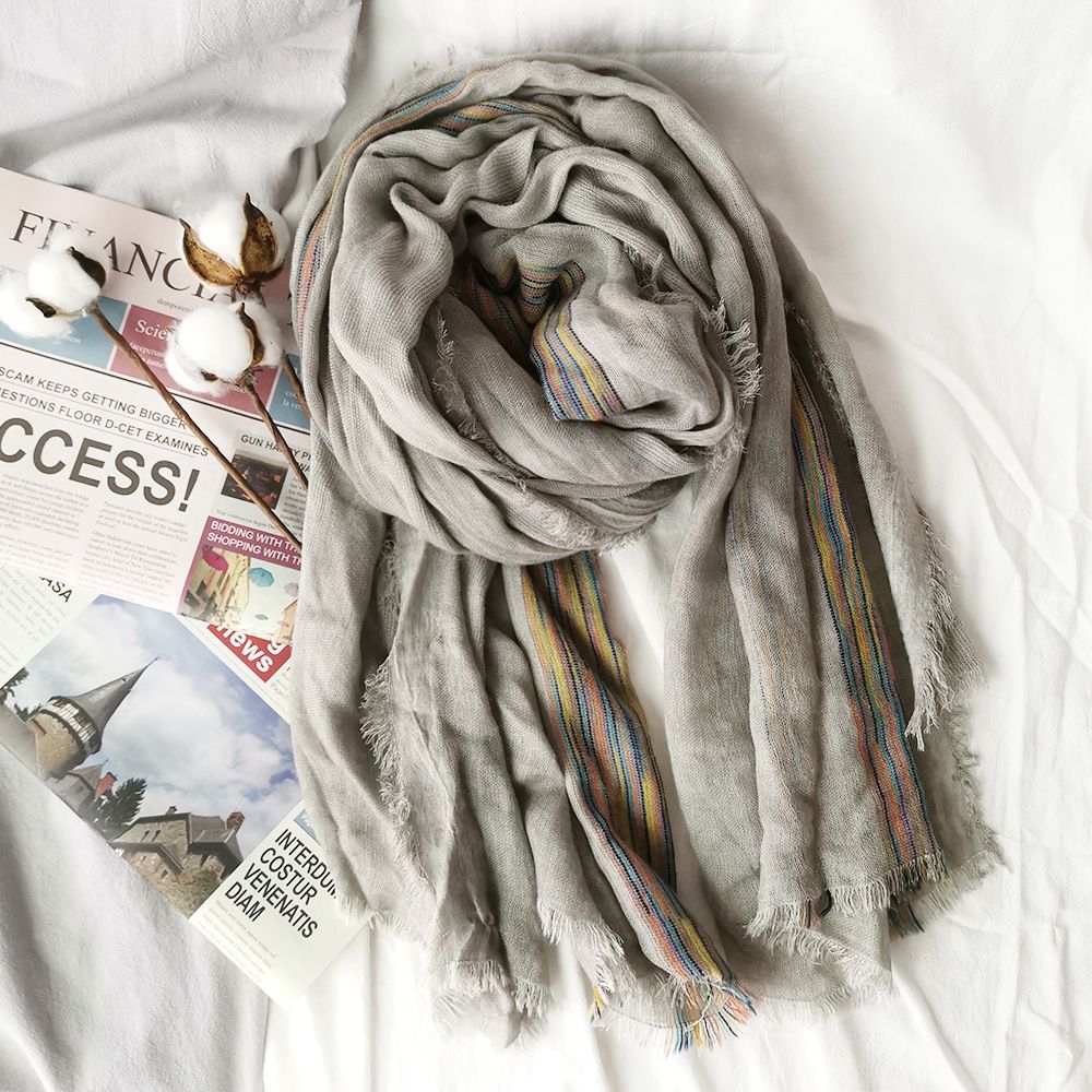 Japanese Literary Style Cotton And Linen Scarf Spring And Autumn Double Colored Striped Fringe Scarf Easy To Wear Women's Shawls Item Picture