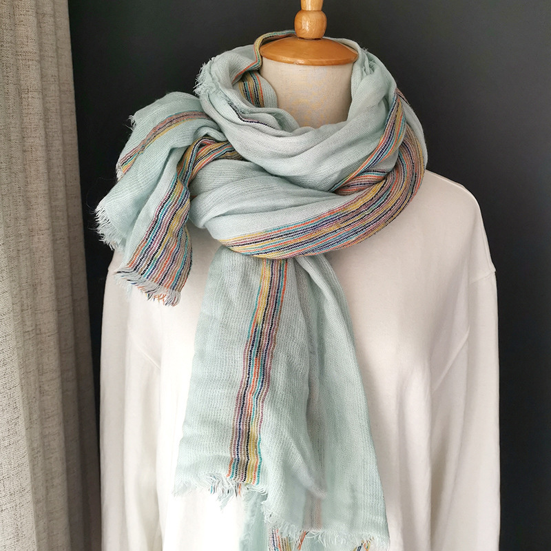 Japanese Literary Style Cotton And Linen Scarf Spring And Autumn Double Colored Striped Fringe Scarf Easy To Wear Women's Shawls